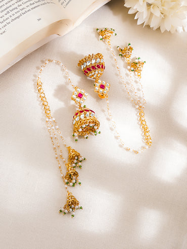 Gold-Plated Ruby Kundan Pearl Kaan Chain Jhumka Earrings