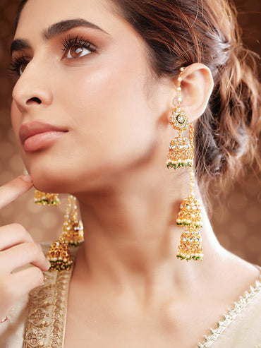 Gold Plated Pearl Beaded Kundan Jhumka Set