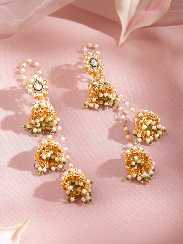 Gold Plated Pearl Beaded Kundan Jhumka Set