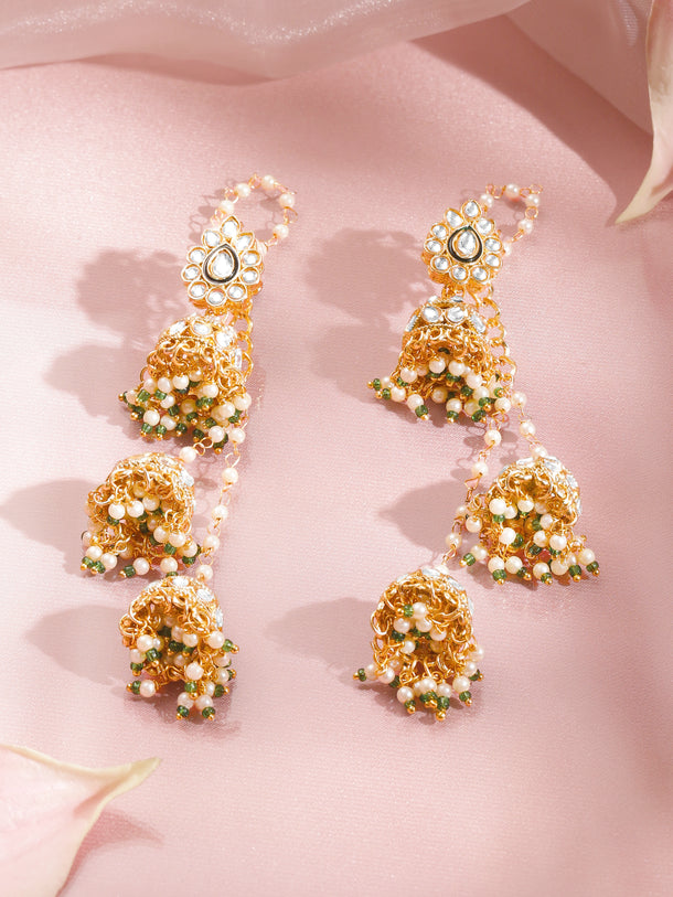 Gold Plated Pearl Beaded Kundan Jhumka Set