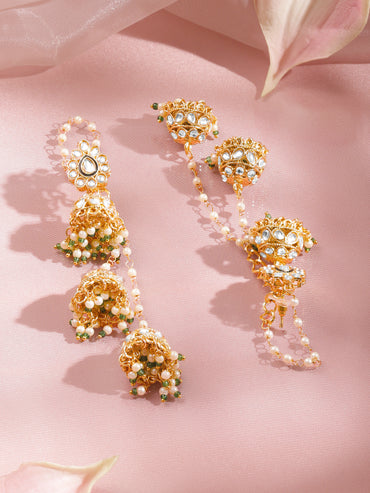 Gold Plated Pearl Beaded Kundan Jhumka Set