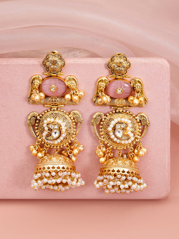 Floral Gold Bird Motif Pearl Embellished Jhumka
