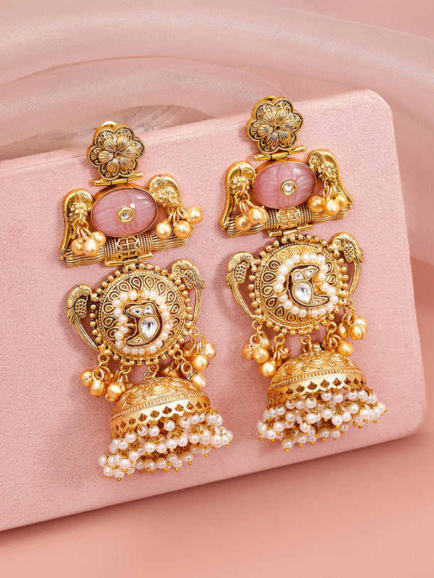 Floral Gold Bird Motif Pearl Embellished Jhumka