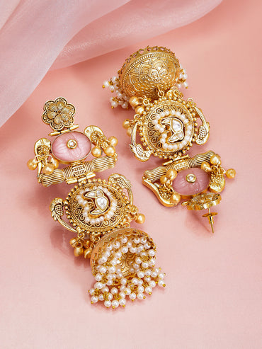 Floral Gold Bird Motif Pearl Embellished Jhumka