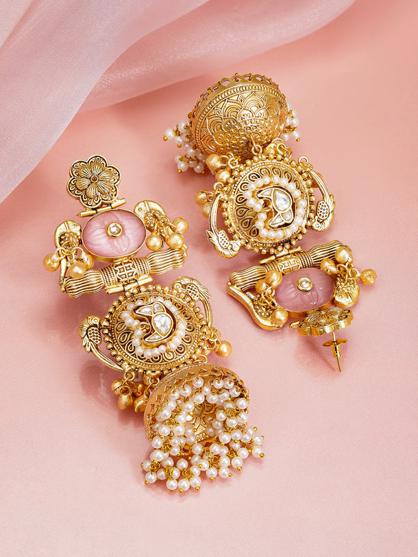 Floral Gold Bird Motif Pearl Embellished Jhumka
