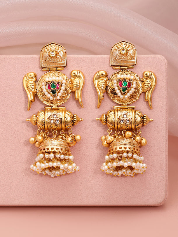 Gold Toned Pearl Drop Ethnic Jhumkas