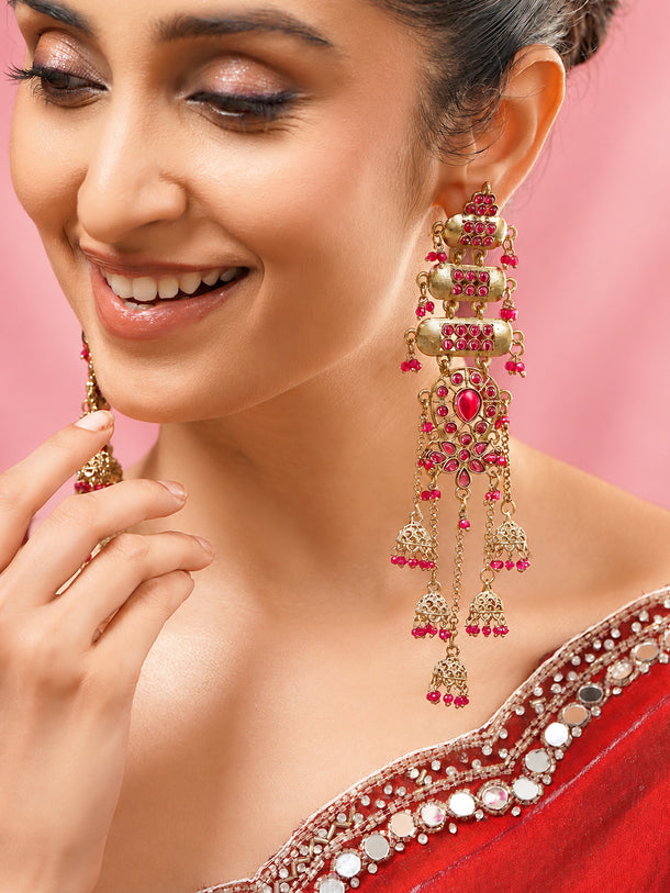 Gold Plated Fuchsia Royale Ghungroo Tassel Long Earrings