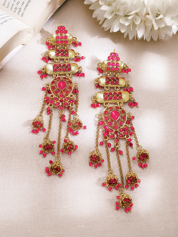 Gold Plated Fuchsia Royale Ghungroo Tassel Long Earrings