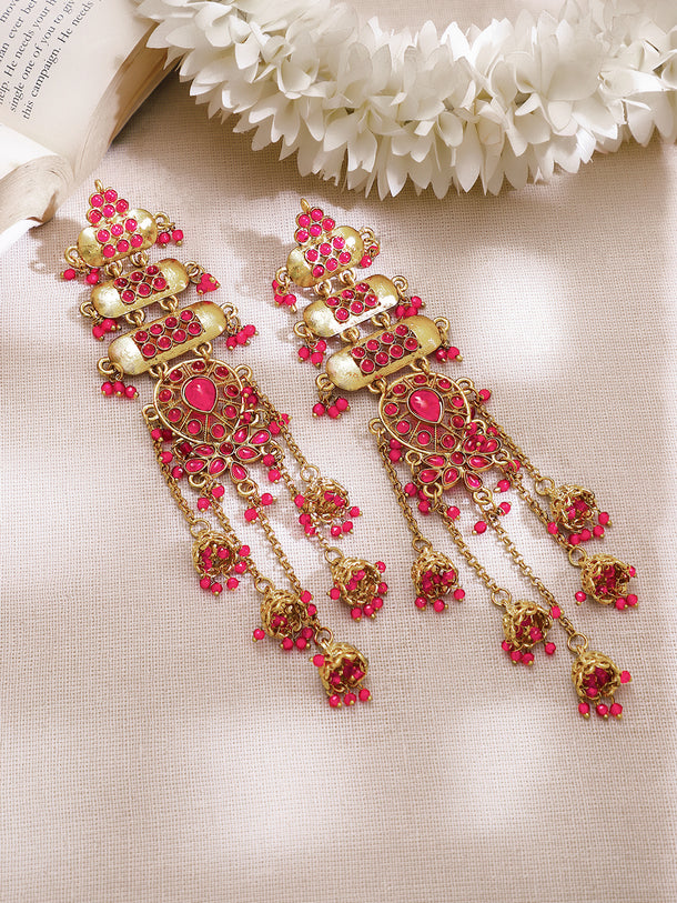 Gold Plated Fuchsia Royale Ghungroo Tassel Long Earrings