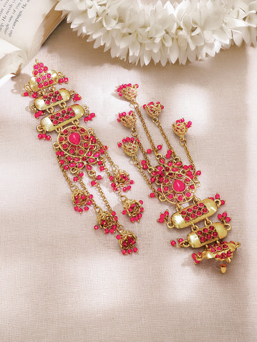 Gold Plated Fuchsia Royale Ghungroo Tassel Long Earrings