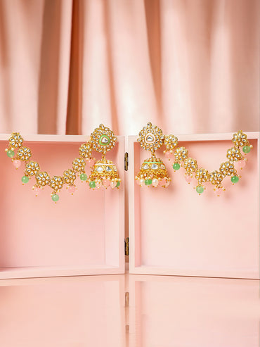 Royal Kaan Chain Kundan Mint Green Jhumka Earrings