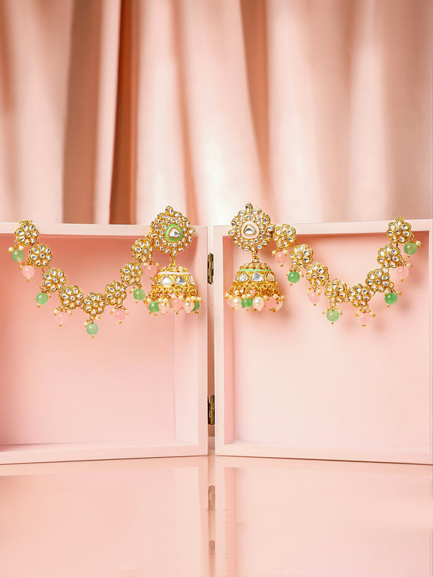 Royal Kaan Chain Kundan Mint Green Jhumka Earrings