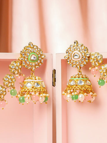 Royal Kaan Chain Kundan Mint Green Jhumka Earrings