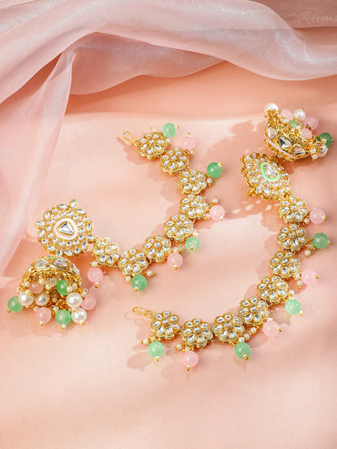 Royal Kaan Chain Kundan Mint Green Jhumka Earrings