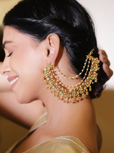 Rubans 22K Gold-Plated Artificial Stones Studded & Beaded Temple Contemporary Ear Chain