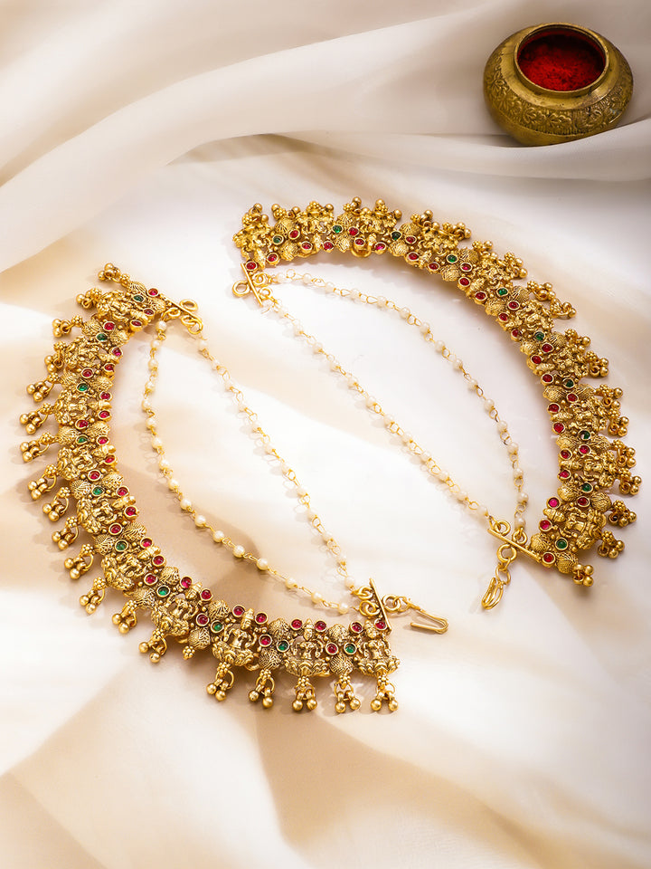 Rubans 22K Gold-Plated Artificial Stones Studded & Beaded Temple Contemporary Ear Chain