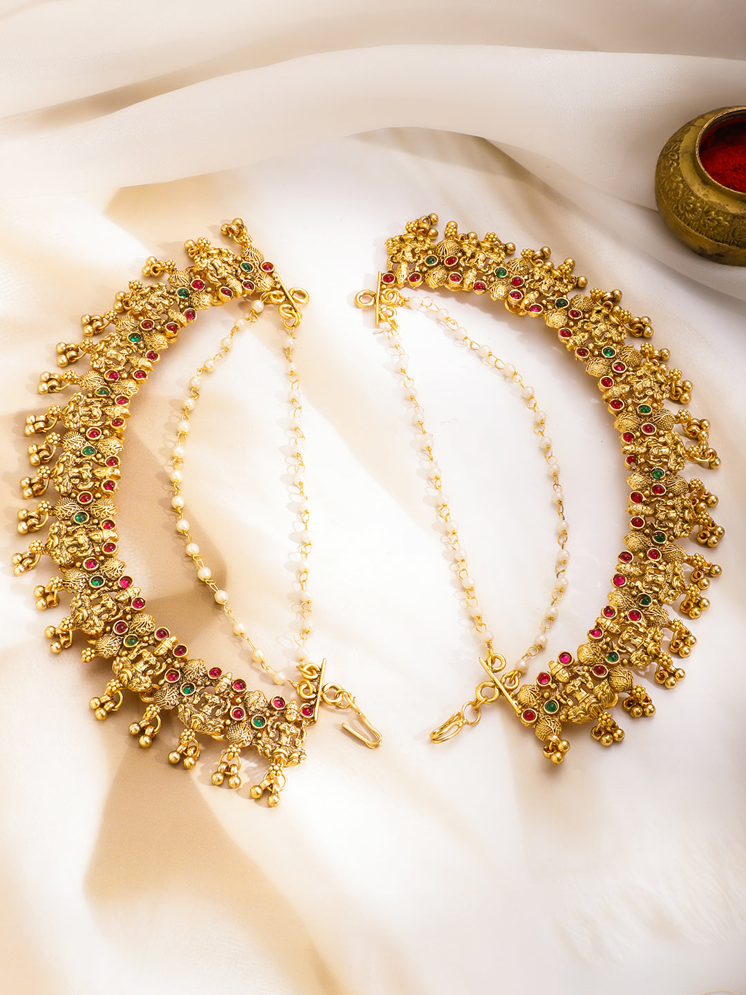 Rubans 22K Gold-Plated Artificial Stones Studded & Beaded Temple Contemporary Ear Chain