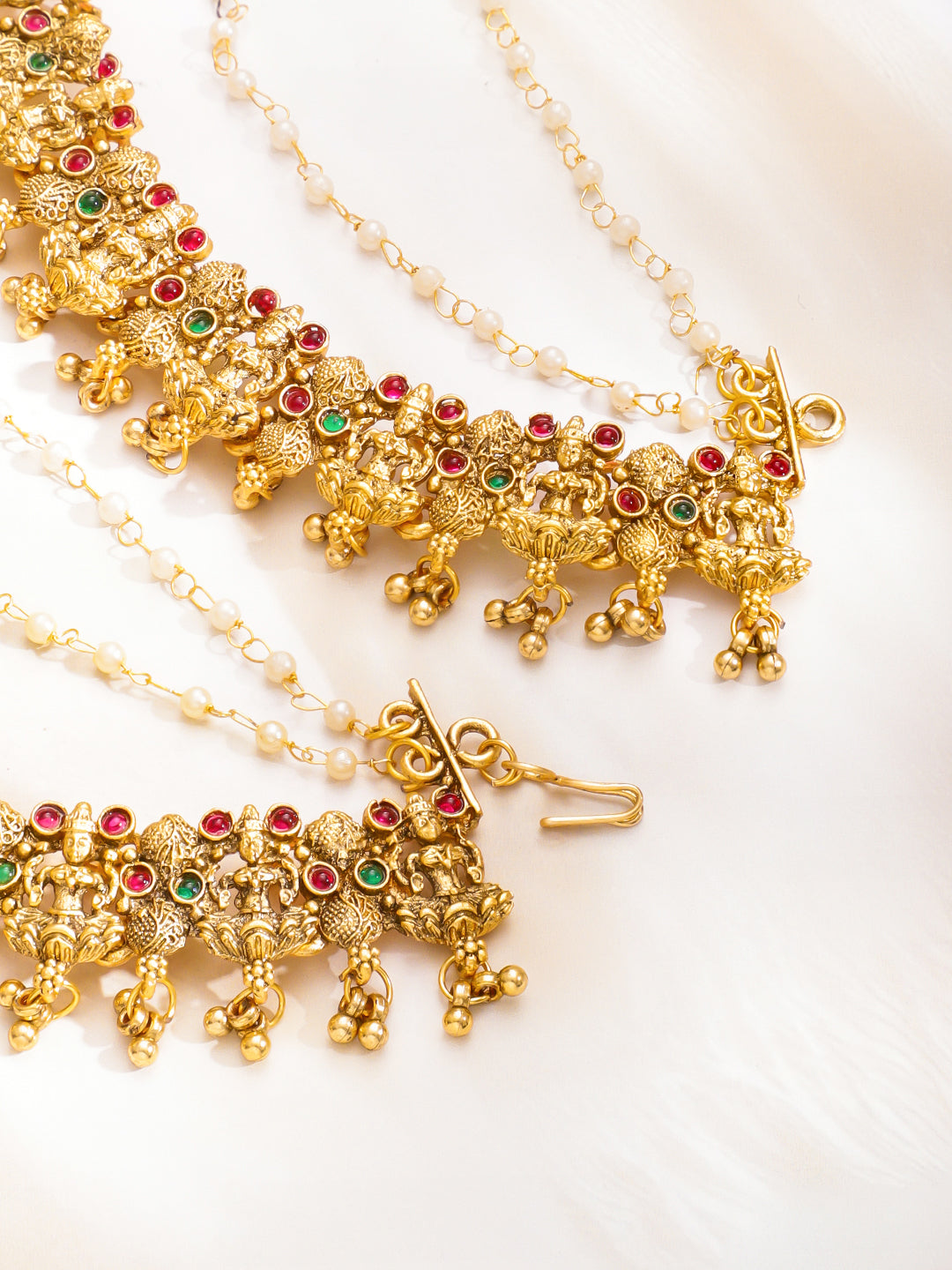 Rubans 22K Gold-Plated Artificial Stones Studded & Beaded Temple Contemporary Ear Chain