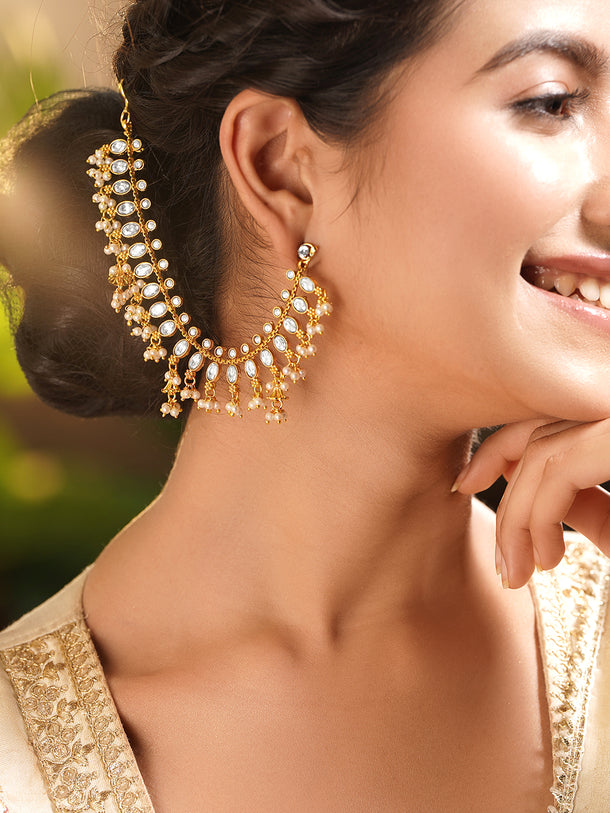 Gold Plated Brass Kundan Glass Pearl Ear Kaan Chain Earrings
