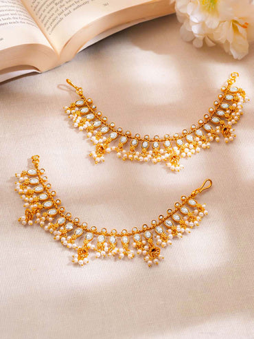 Gold Plated Brass Kundan Glass Pearl Ear Kaan Chain Earrings