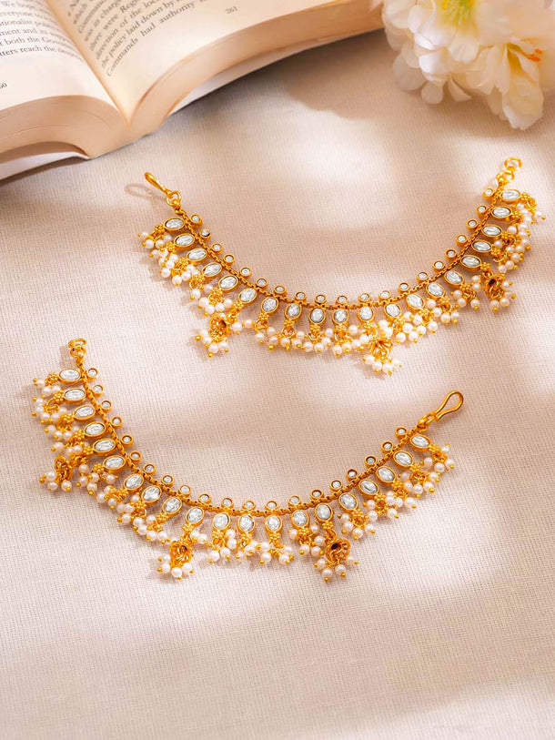 Gold Plated Brass Kundan Glass Pearl Ear Kaan Chain Earrings