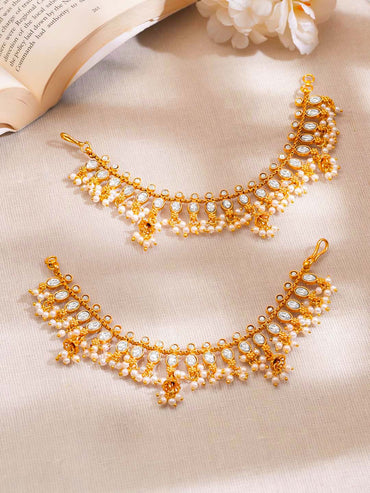 Gold Plated Brass Kundan Glass Pearl Ear Kaan Chain Earrings