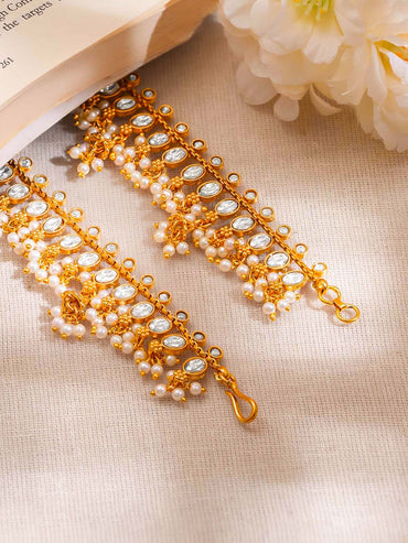 Gold Plated Brass Kundan Glass Pearl Ear Kaan Chain Earrings