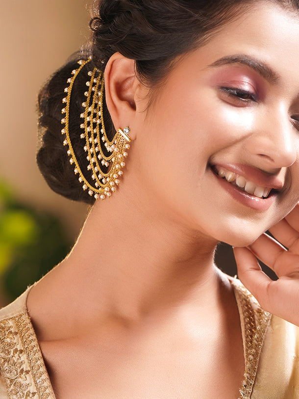 Gold Plated Brass Pearl Multi Layer Ear Kaan Chain Earrings