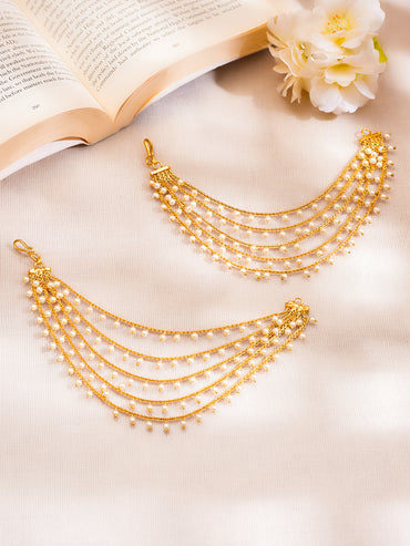 Gold Plated Brass Pearl Multi Layer Ear Kaan Chain Earrings