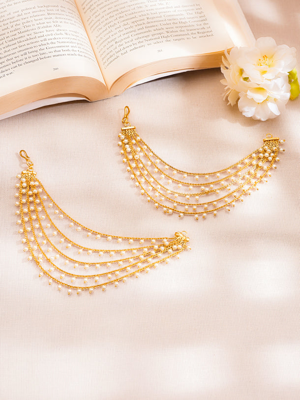 Gold Plated Brass Pearl Multi Layer Ear Kaan Chain Earrings