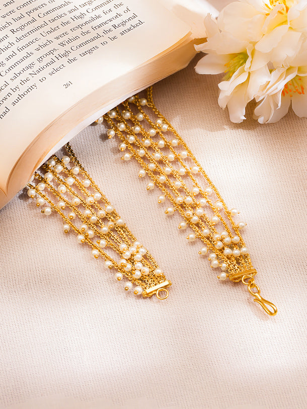 Gold Plated Brass Pearl Multi Layer Ear Kaan Chain Earrings