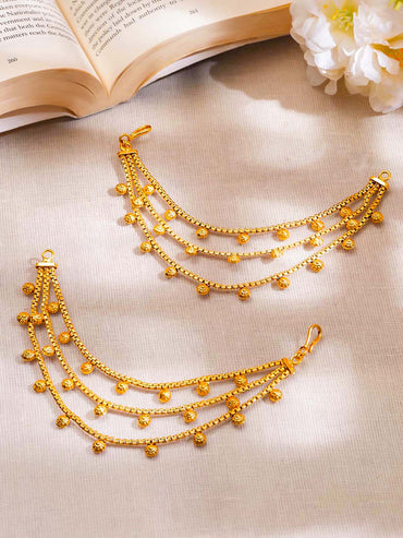 Gold Plated Brass Multi Layer Gold Bead Ear Kaan Chain Earrings