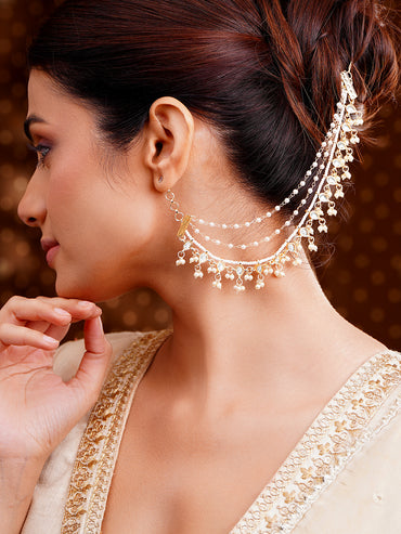 Set of 2 Gold Plated Pearl Beaded Kundan Layered Kaan Chain