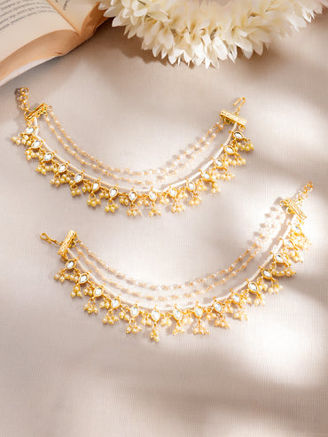 Set of 2 Gold Plated Pearl Beaded Kundan Layered Kaan Chain