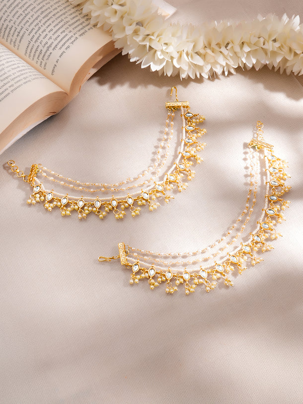 Set of 2 Gold Plated Pearl Beaded Kundan Layered Kaan Chain