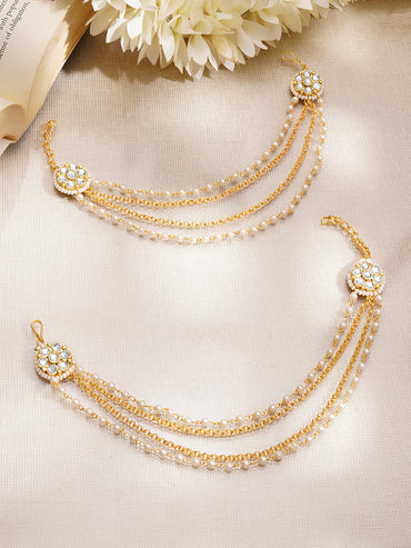 Gold Plated Kundan Pearl Beaded Layered Ear Chain Earrings