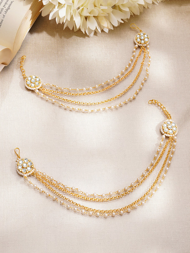 Gold Plated Kundan Pearl Beaded Layered Ear Chain Earrings