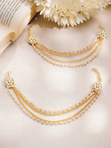 Gold Plated Kundan Pearl Beaded Layered Ear Chain Earrings