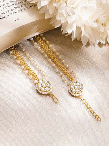 Gold Plated Kundan Pearl Beaded Layered Ear Chain Earrings