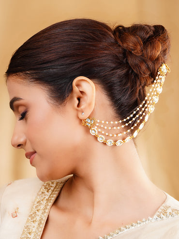 Kundan Multi Layer Pearl Ear Kaan Chain Earrings