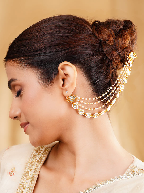 Kundan Multi Layer Pearl Ear Kaan Chain Earrings