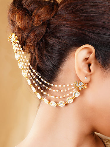 Kundan Multi Layer Pearl Ear Kaan Chain Earrings