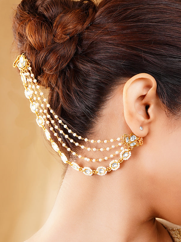 Kundan Multi Layer Pearl Ear Kaan Chain Earrings