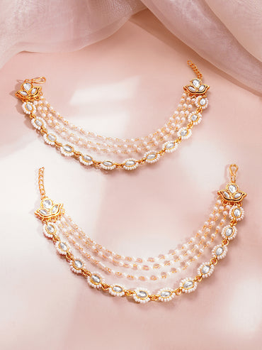 Kundan Multi Layer Pearl Ear Kaan Chain Earrings