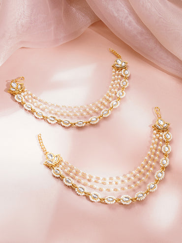 Kundan Multi Layer Pearl Ear Kaan Chain Earrings