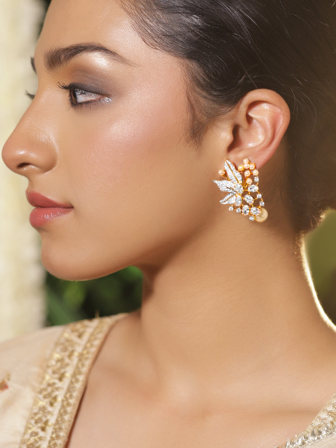 American Diamond Zirconia Pearl Beaded Stud Earrings