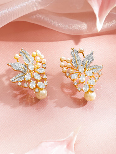 American Diamond Zirconia Pearl Beaded Stud Earrings