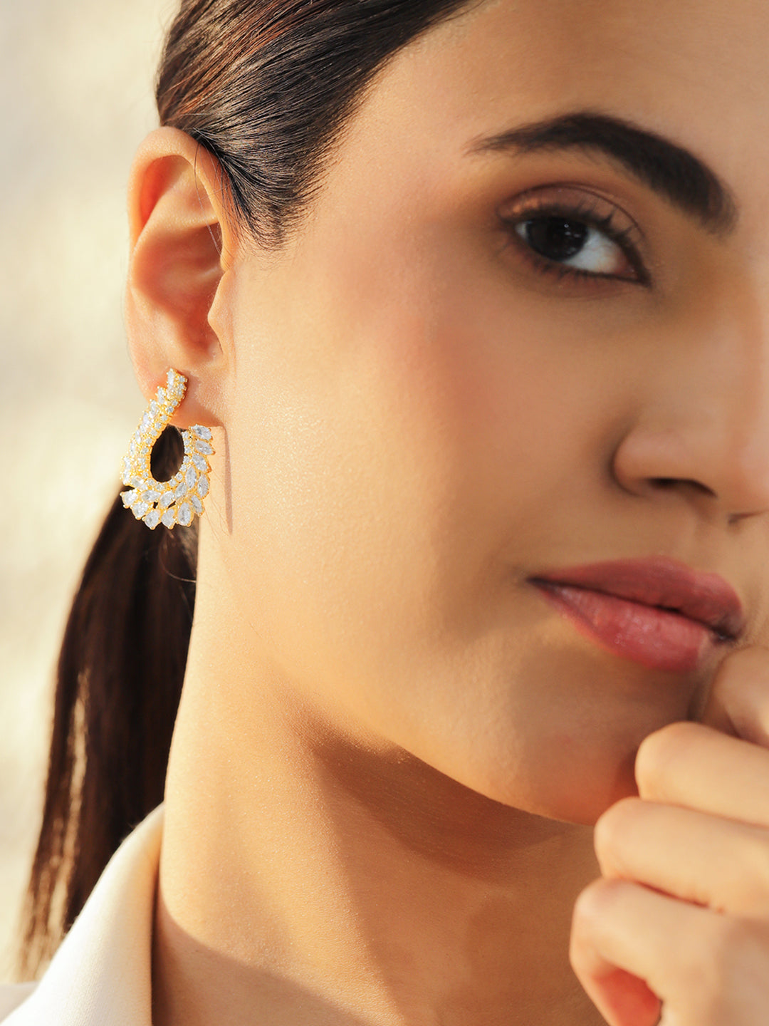 Rubans 18K Gold Plated Crystal AD Leaf Pattern Elegant Statement Stud Earrings