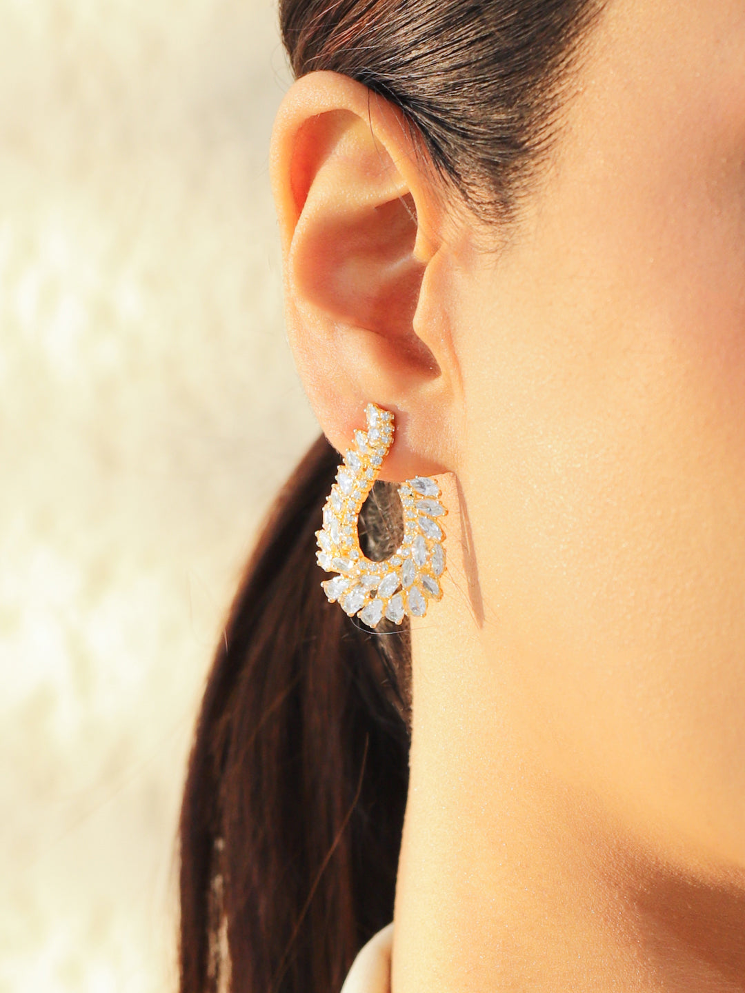 Rubans 18K Gold Plated Crystal AD Leaf Pattern Elegant Statement Stud Earrings