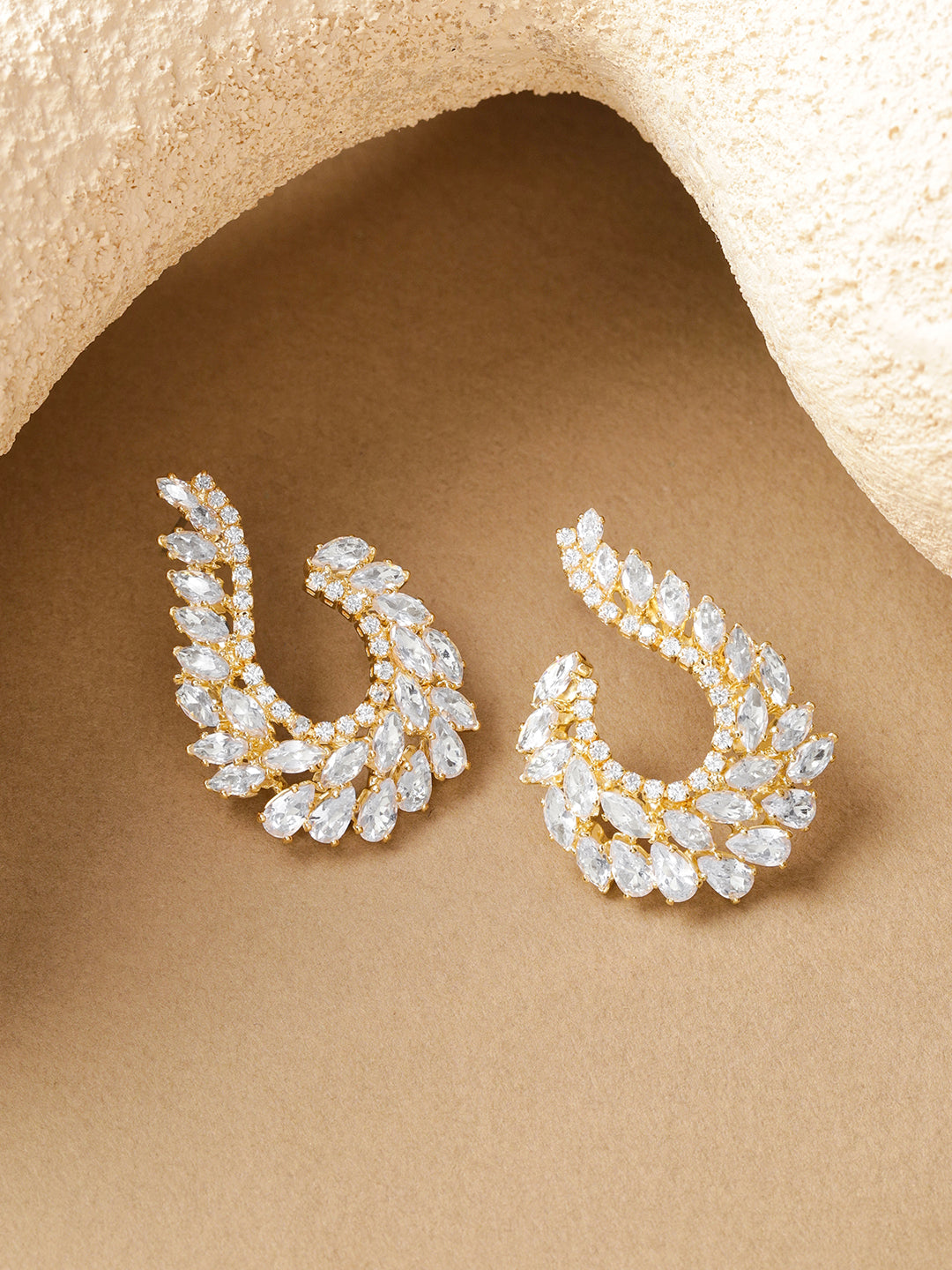 Rubans 18K Gold Plated Crystal AD Leaf Pattern Elegant Statement Stud Earrings